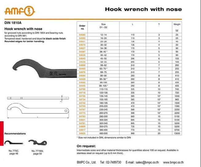 Hook wrench with nose, ประแจขันนีอตล๊อกลูกปืนปลายเพลา, Wrench for slotted round nut, 